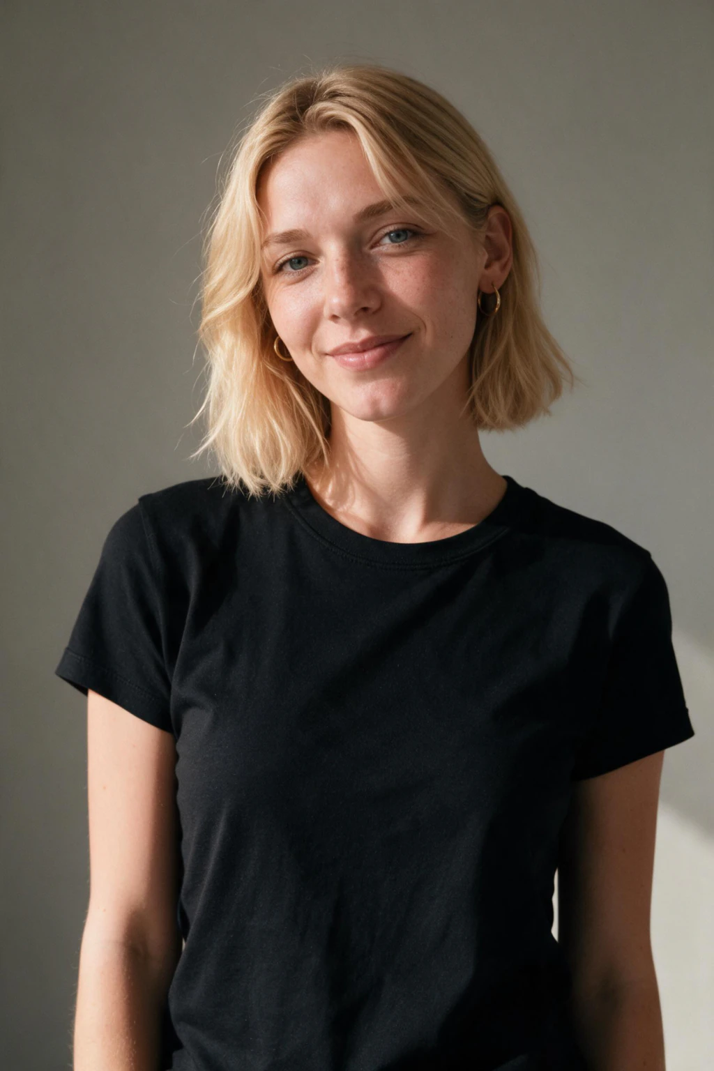 AI headshot generated from one selfie: black crewneck tee, warm-grey backdrop, head and shoulders, even daylight