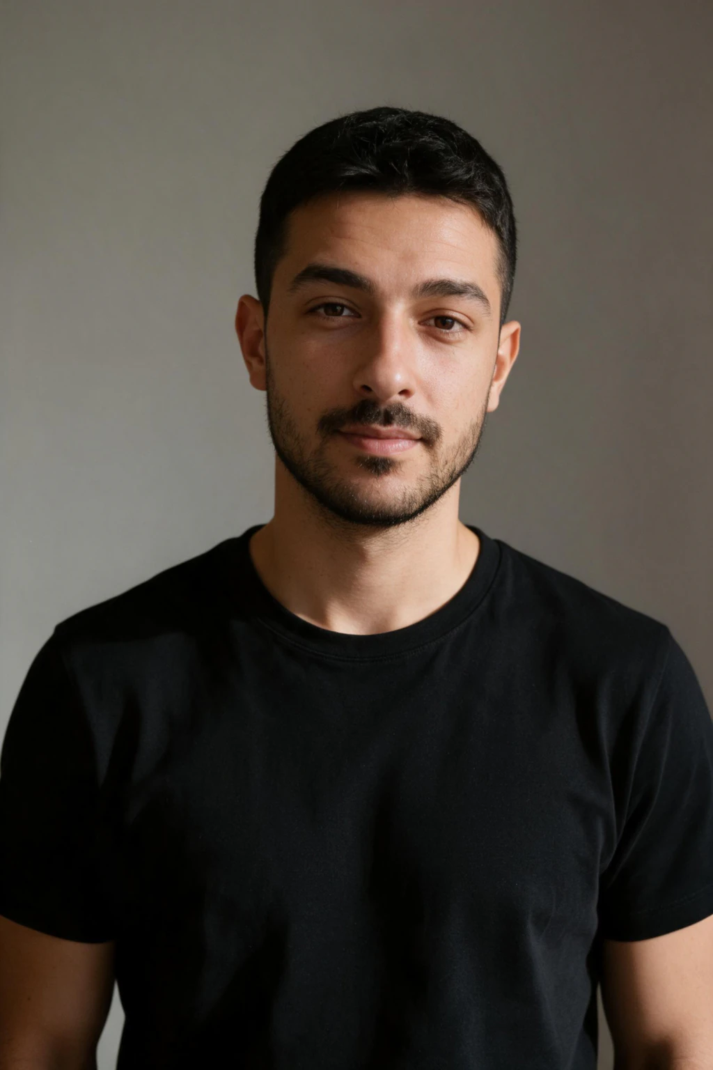AI headshot generated from one selfie: plain black crewneck against a warm-grey studio backdrop, soft window light with a gentle shadow