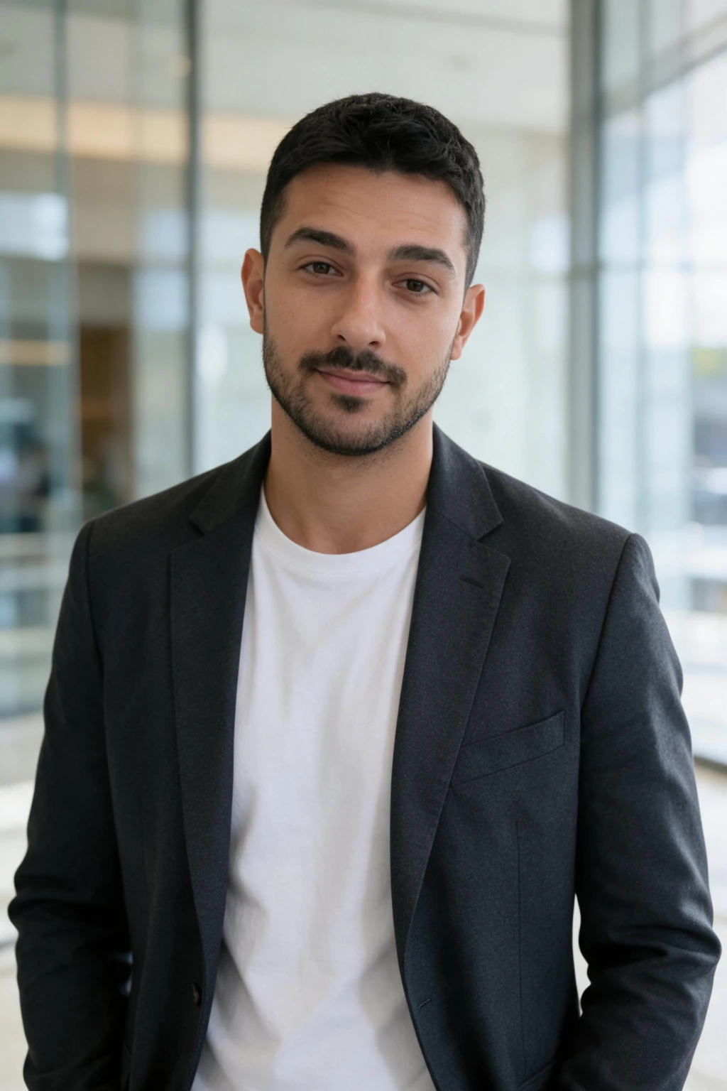AI LinkedIn headshot generated from one phone selfie: modern glass office lobby, charcoal blazer