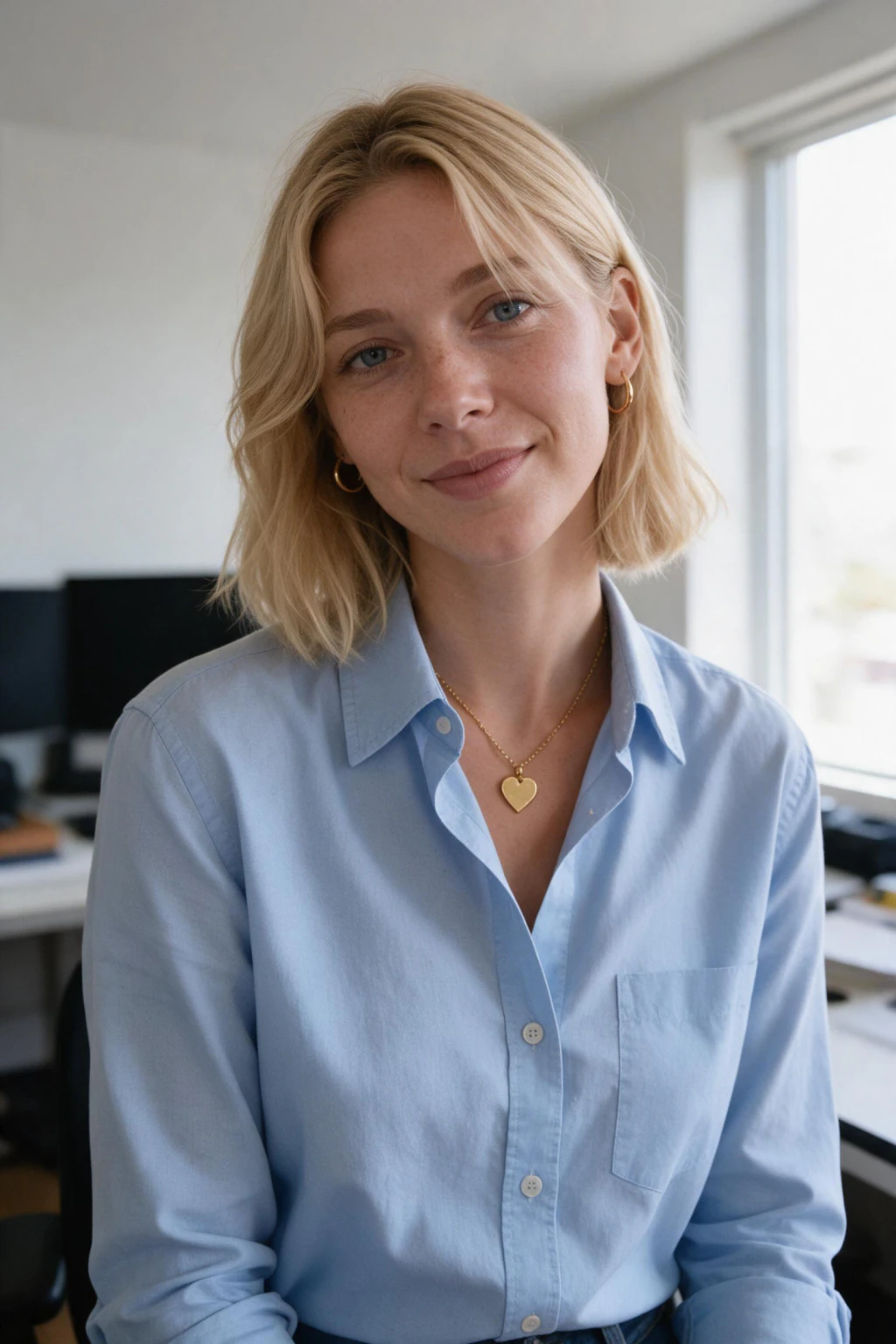 A woman in a home office headshot lit by a window beside a desk, generated from one selfie