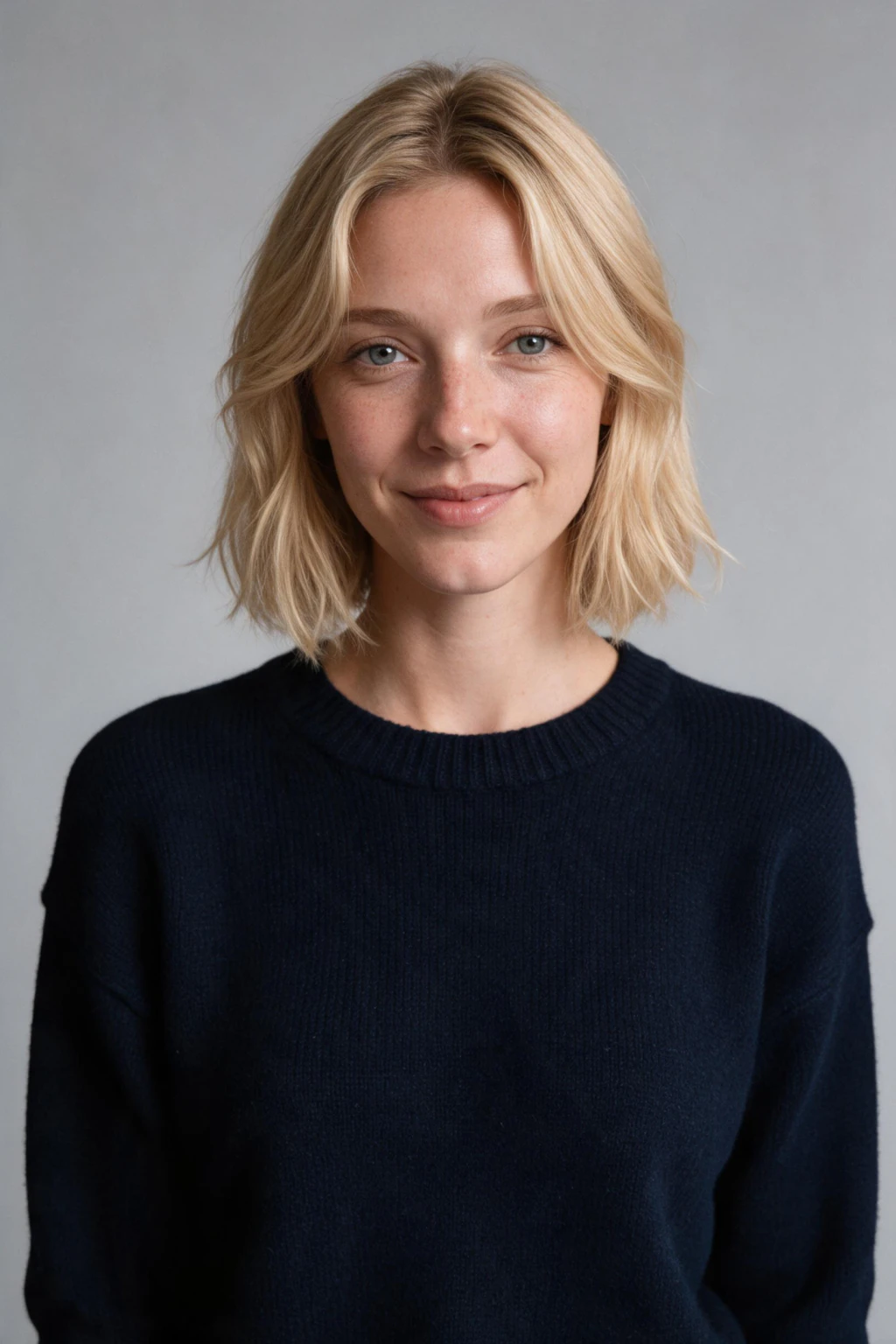 Resume Photo: Size, Country Rules, and an AI Resume Photo Generator: neutral grey navy knit example, generated from one selfie | MakeAiPhotos