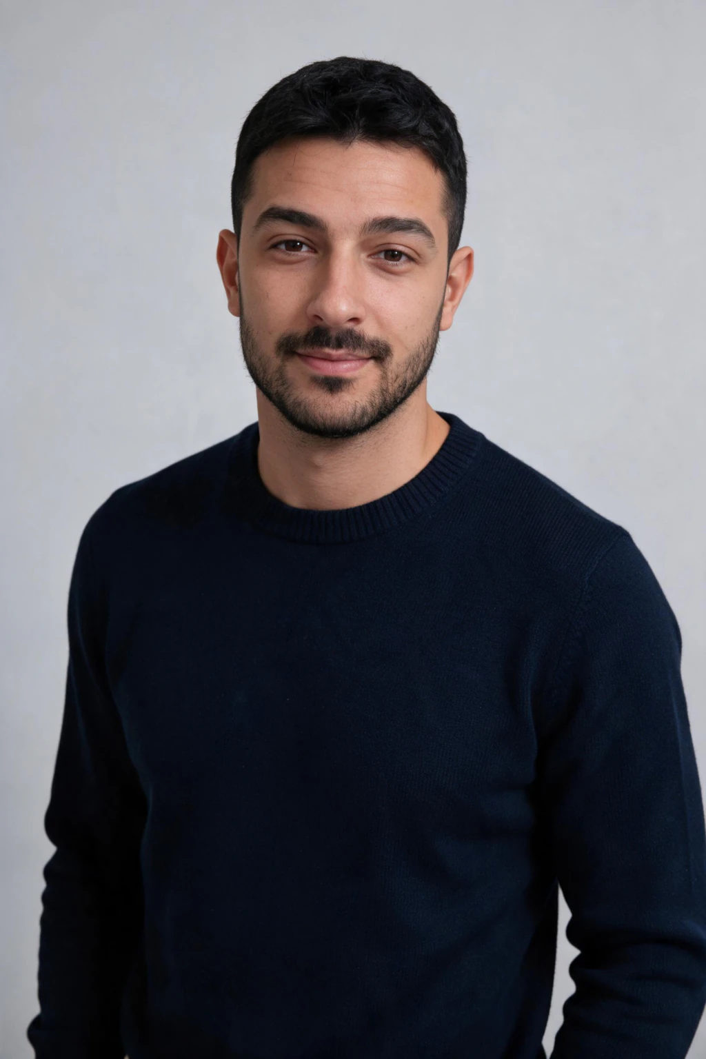 AI headshot for an Upwork profile generated from one phone selfie: neutral grey studio, navy knit
