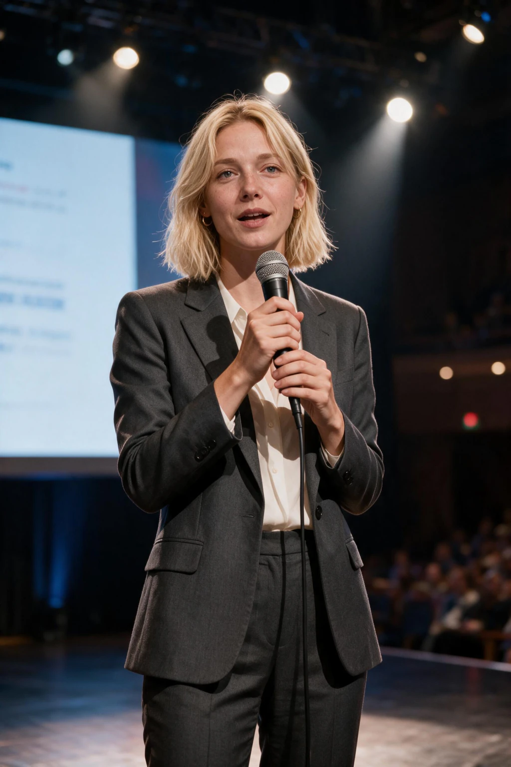 AI Executive Headshot Generator: speaker stage example, generated from one selfie | MakeAiPhotos