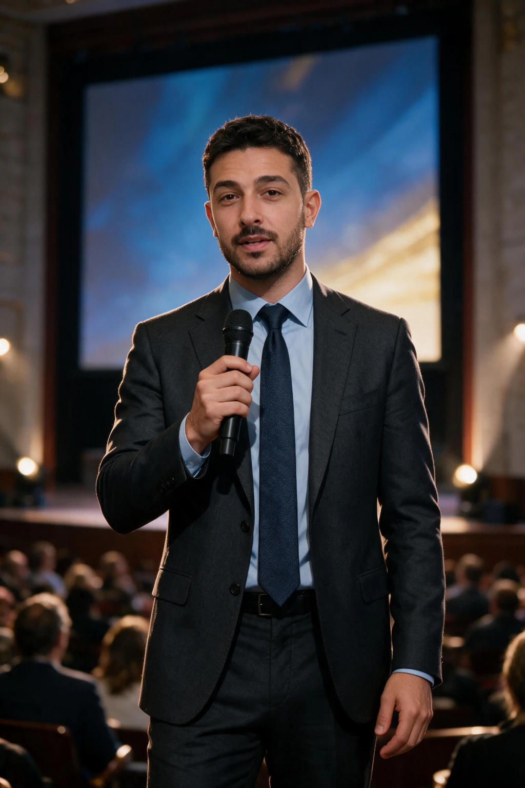 AI Executive Headshot Generator: speaker stage example, generated from one selfie | MakeAiPhotos
