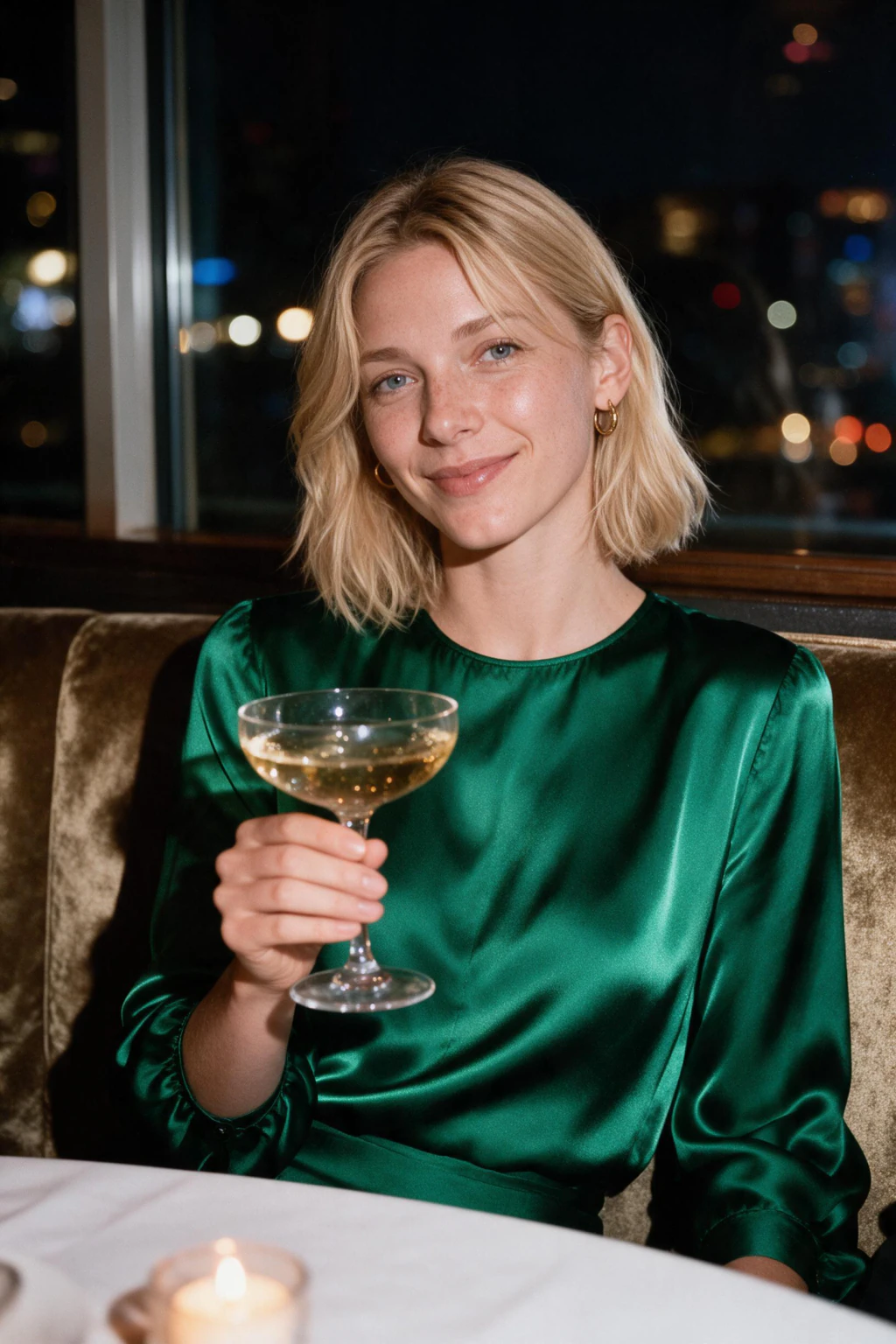 Fancy dinner photo generated from one selfie: woman in an emerald satin top leaning back in a velvet banquette, raising a coupe of sparkling wine toward the camera, a candle on the table and blurred city lights through a tall window