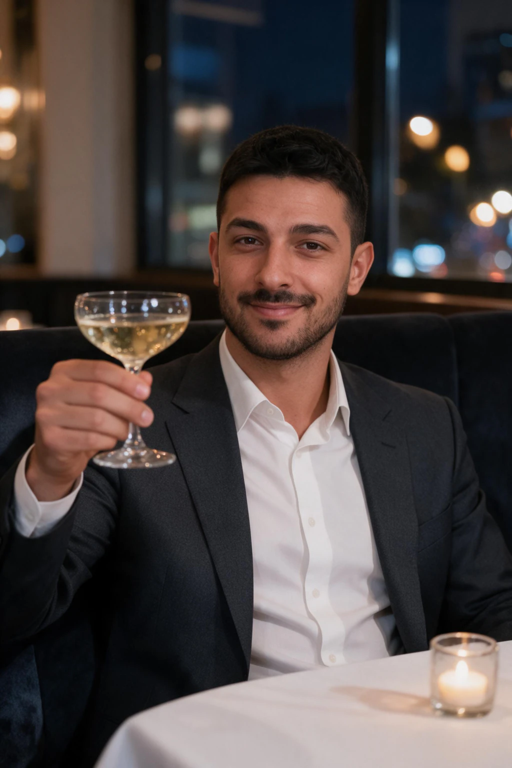 Fancy dinner photo generated from one selfie: man in a charcoal suit and white shirt leaning back in a velvet banquette, raising a coupe of sparkling wine toward the camera, a candle on the table and blurred city lights through a tall window