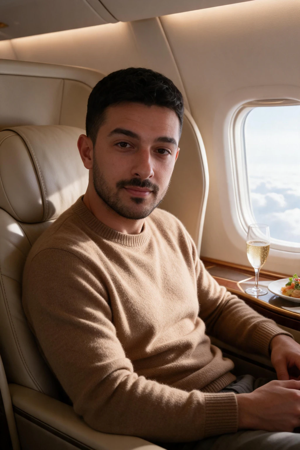 AI Private Jet Photos: Plus Supercar, Yacht, and Estate Looks: first class suite example, generated from one selfie | MakeAiPhotos