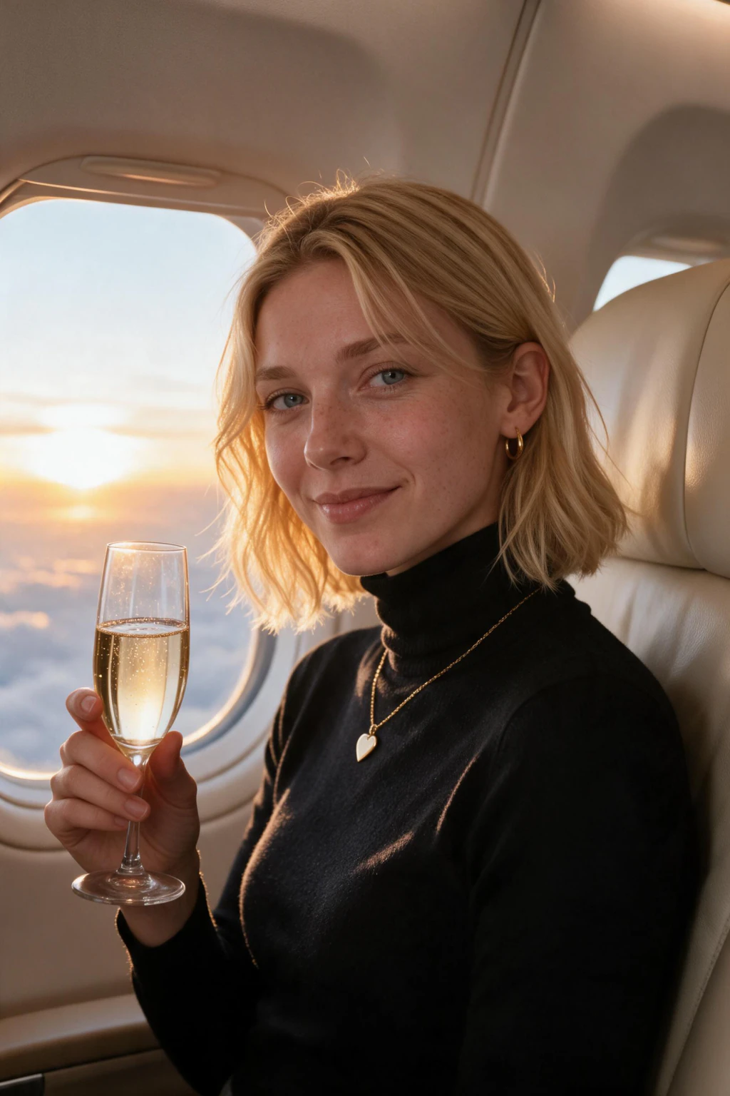 AI photo generated from one selfie: woman in a plain black turtleneck turned sideways in a first class suite seat, raising a flute of sparkling wine toward the camera, golden sunset above the clouds through the window