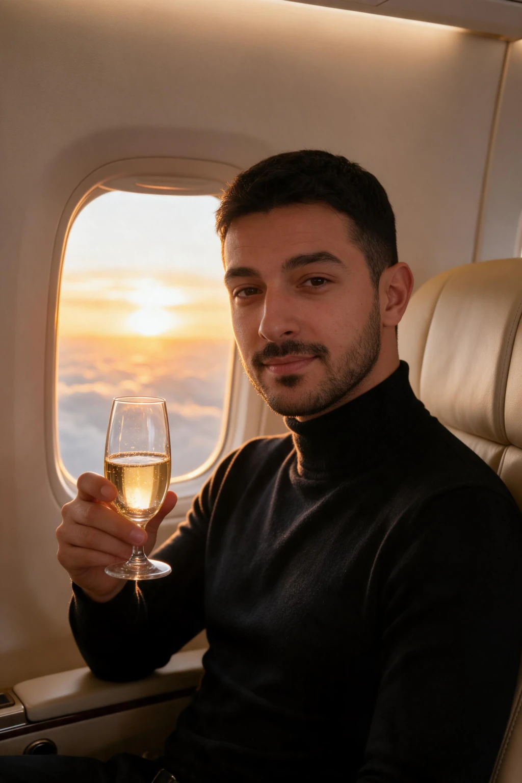 First class, sunset window toast: AI photo generated from the selfie on the left