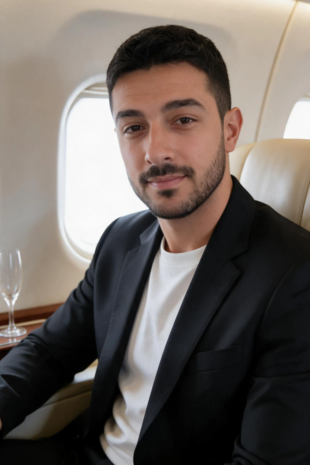 Private jet, influencer luxury: AI photo generated from the selfie on the left