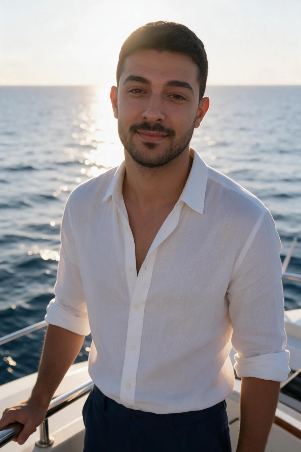 Private yacht, sunset golden hour: AI photo generated from the selfie on the left