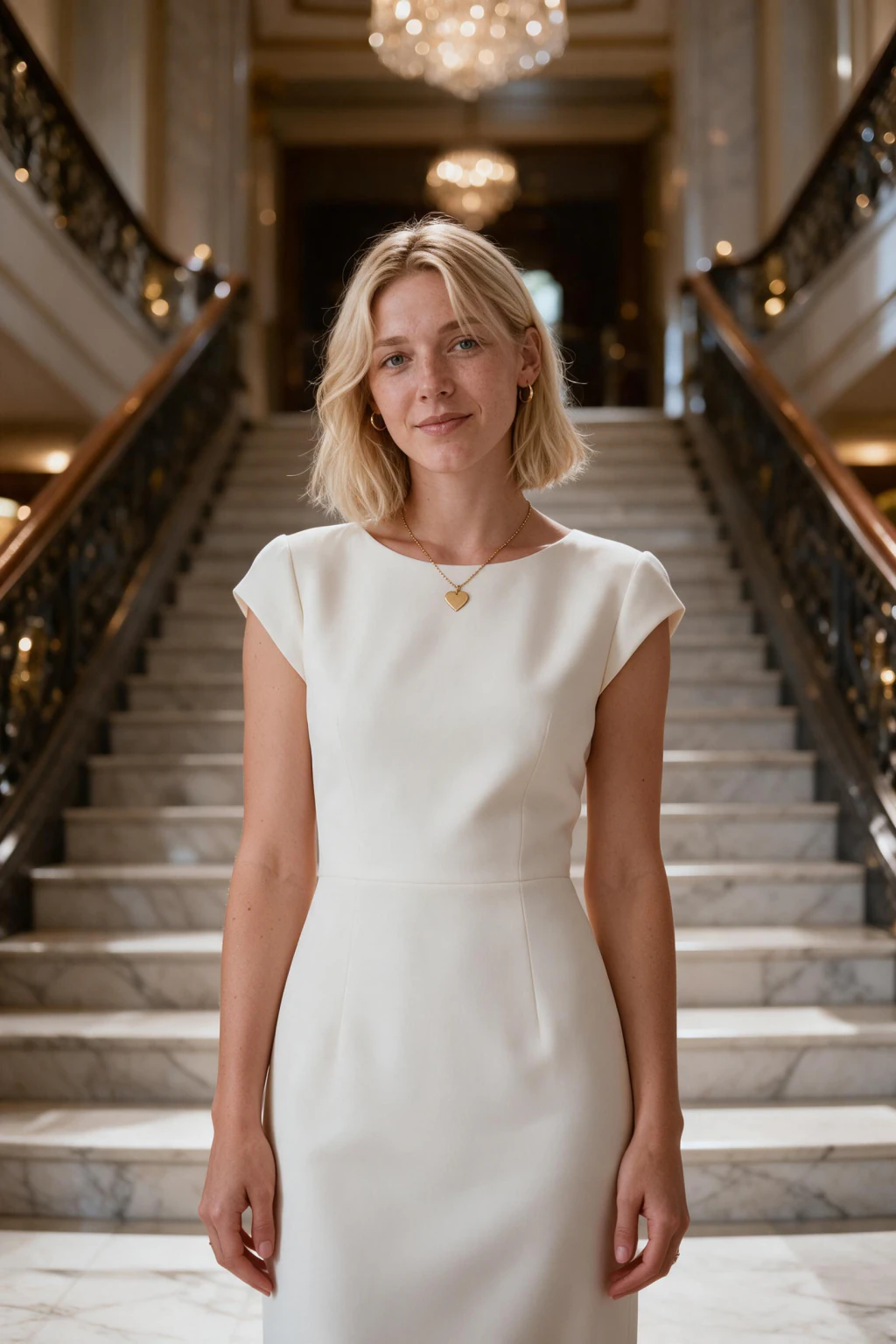 AI photo generated from one selfie: woman in a tailored ivory dress at the foot of a sweeping marble staircase, chandelier overhead, symmetrical centered framing