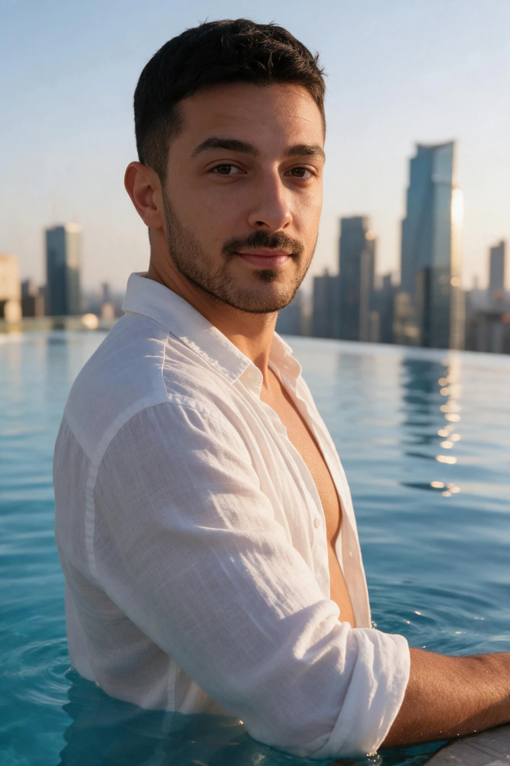 AI Private Jet Photos: Plus Supercar, Yacht, and Estate Looks: rooftop infinity pool example, generated from one selfie | MakeAiPhotos