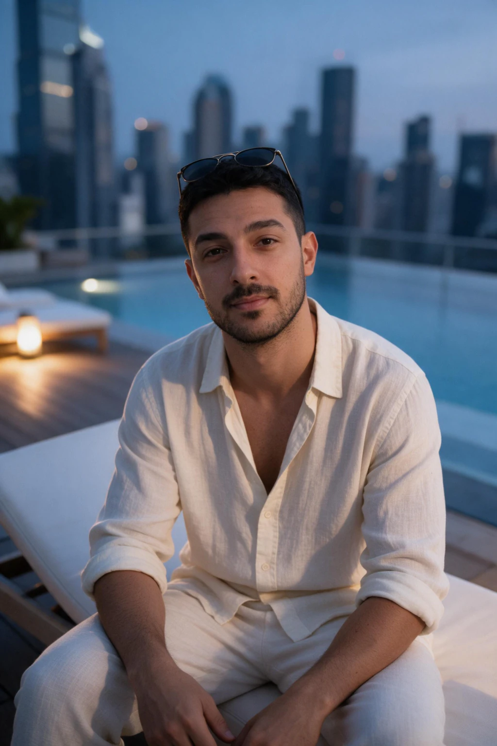 AI photo generated from one selfie: man seated on a white sun lounger on a rooftop pool deck at dusk, cream linen shirt and linen trousers, sunglasses pushed up on his head, still water and blurred glass towers behind, warm deck lights