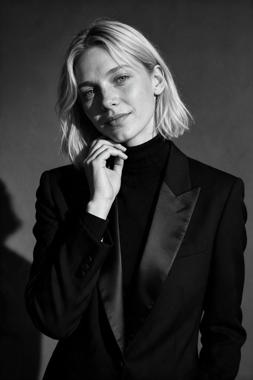 AI Modeling Photos: Turn a Selfie Into a Portfolio Shoot: bw studio editorial example, generated from one selfie | MakeAiPhotos
