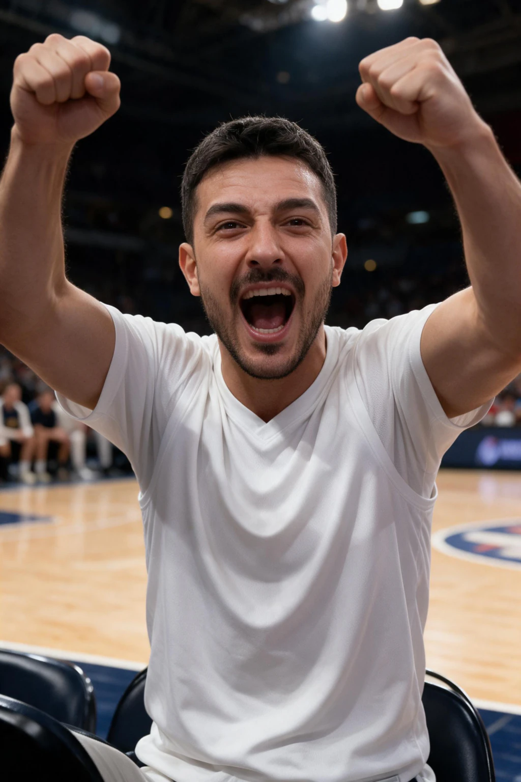 Buzzer-beater celebration: AI photo generated from the selfie on the left