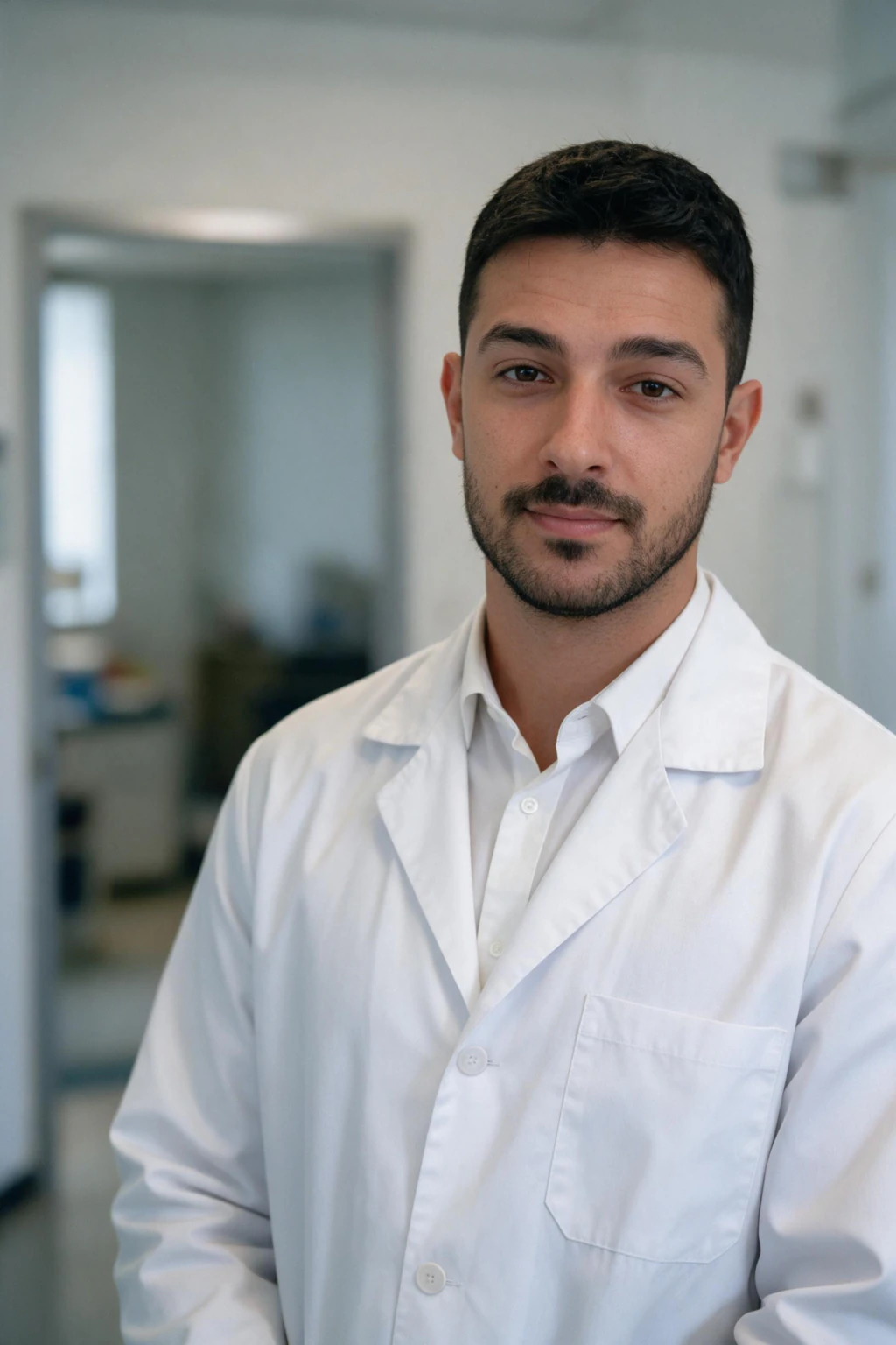 Doctor headshot example generated from one selfie: plain white coat in a modern clinic corridor