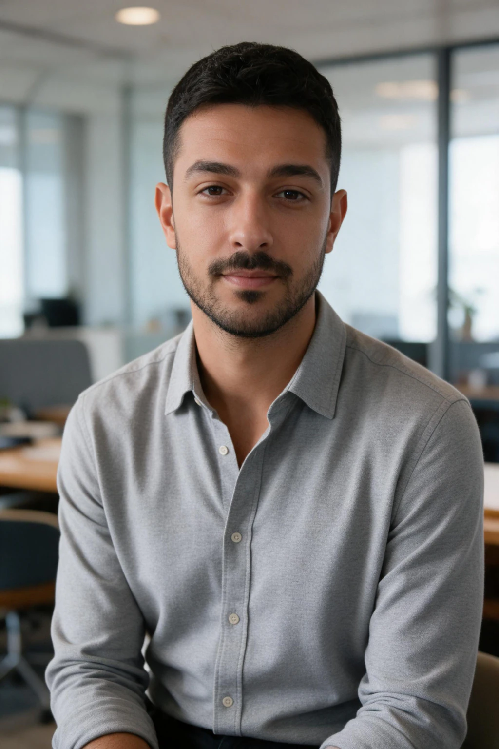 Startup founder headshot example generated from one selfie: bright open-plan office, plain knit, arms folded
