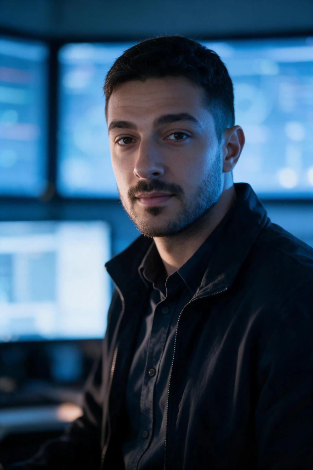 Cybersecurity headshot example generated from one selfie: security operations centre with blurred blue dashboards