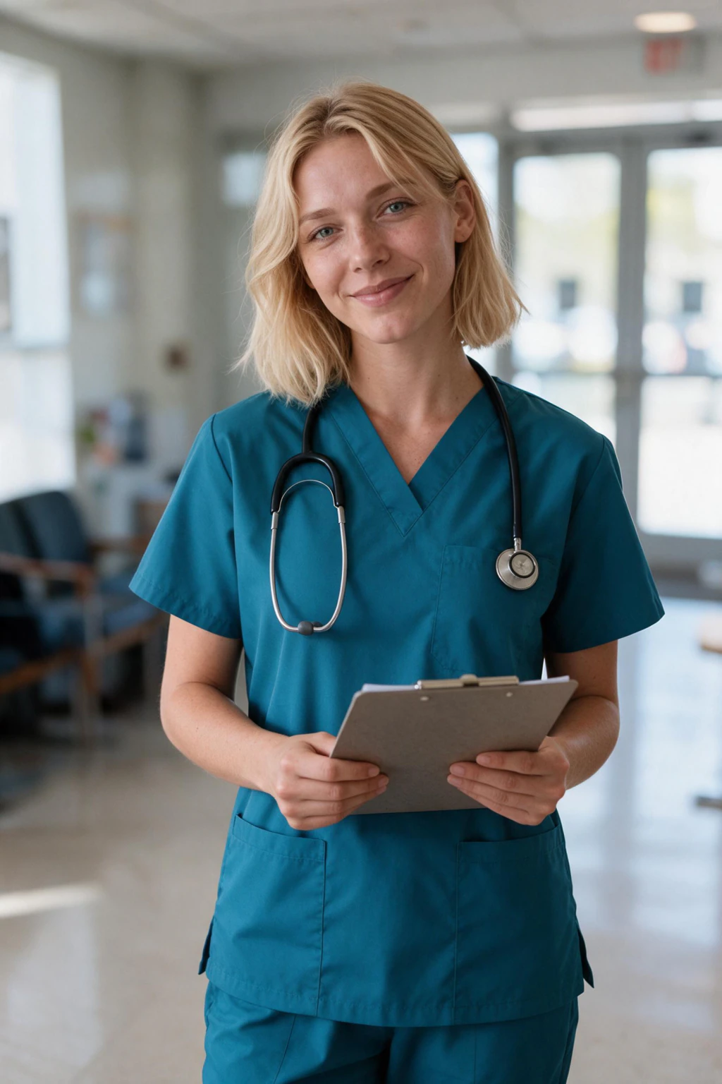 Nurse headshot example generated from one selfie: plain teal scrubs, stethoscope, clipboard, clinic reception