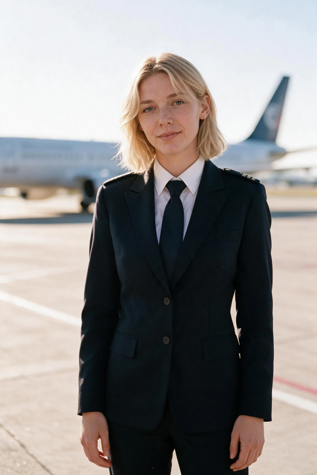 Pilot headshot example generated from one selfie: plain dark uniform jacket on the apron beside a blurred aircraft