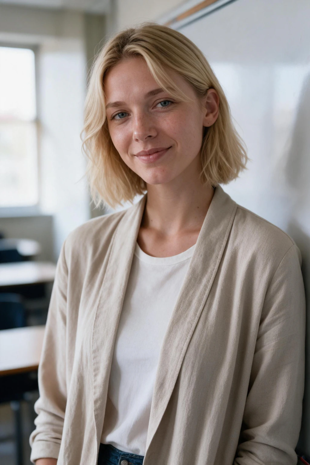 Teacher headshot example generated from one selfie: beside a whiteboard, cardigan, bright classroom window