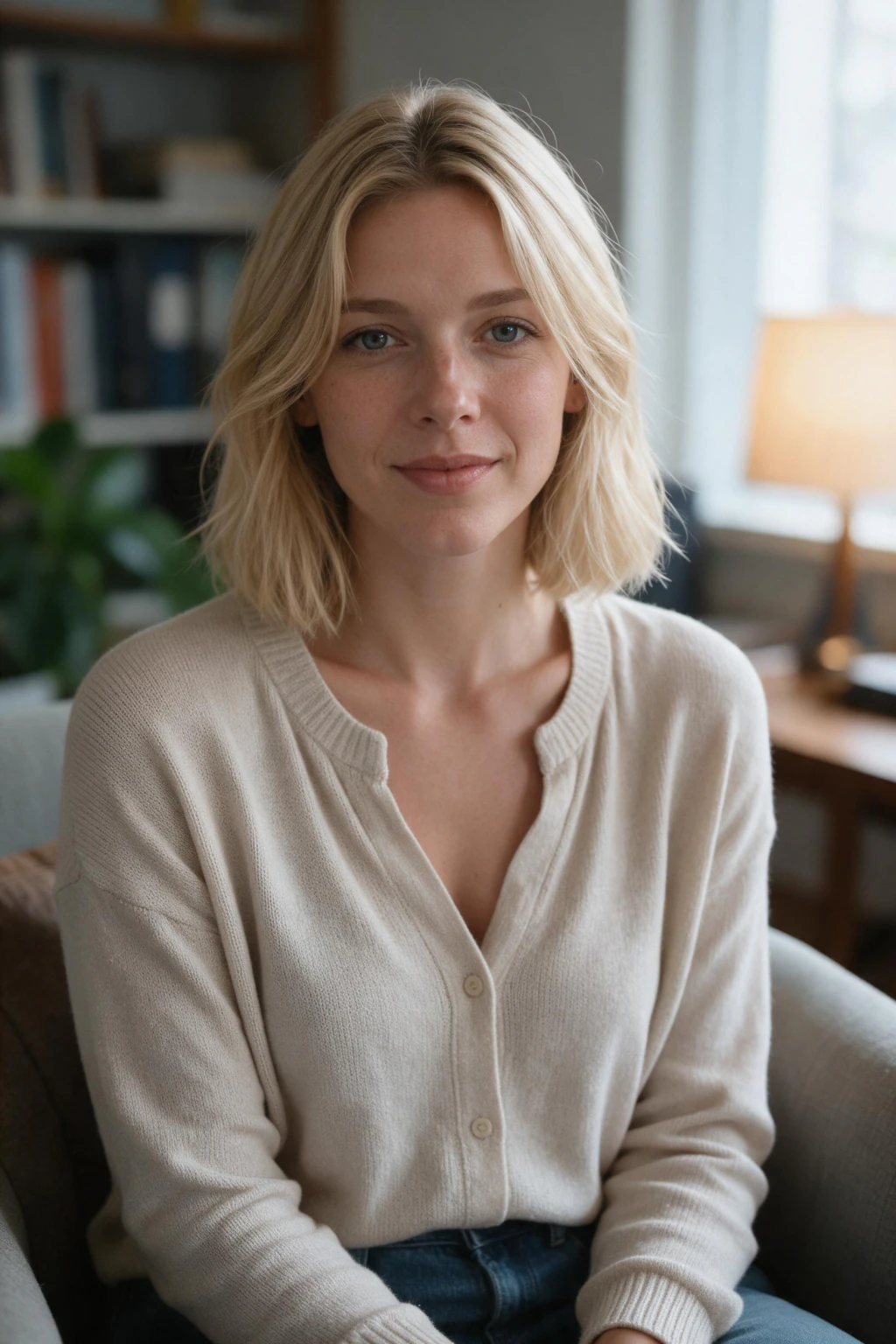 Therapist headshot example generated from one selfie: soft armchair, bookshelf, warm lamp light