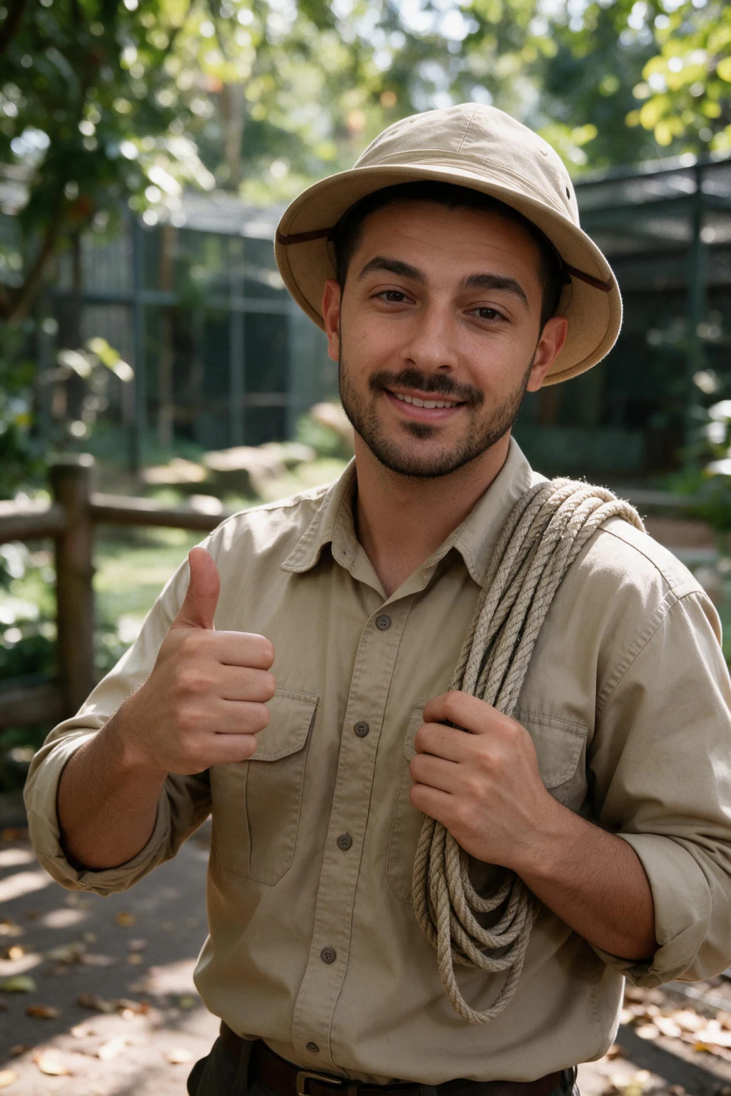 Zookeeper headshot example generated from one selfie: khaki work shirt and cap on a leafy zoo path