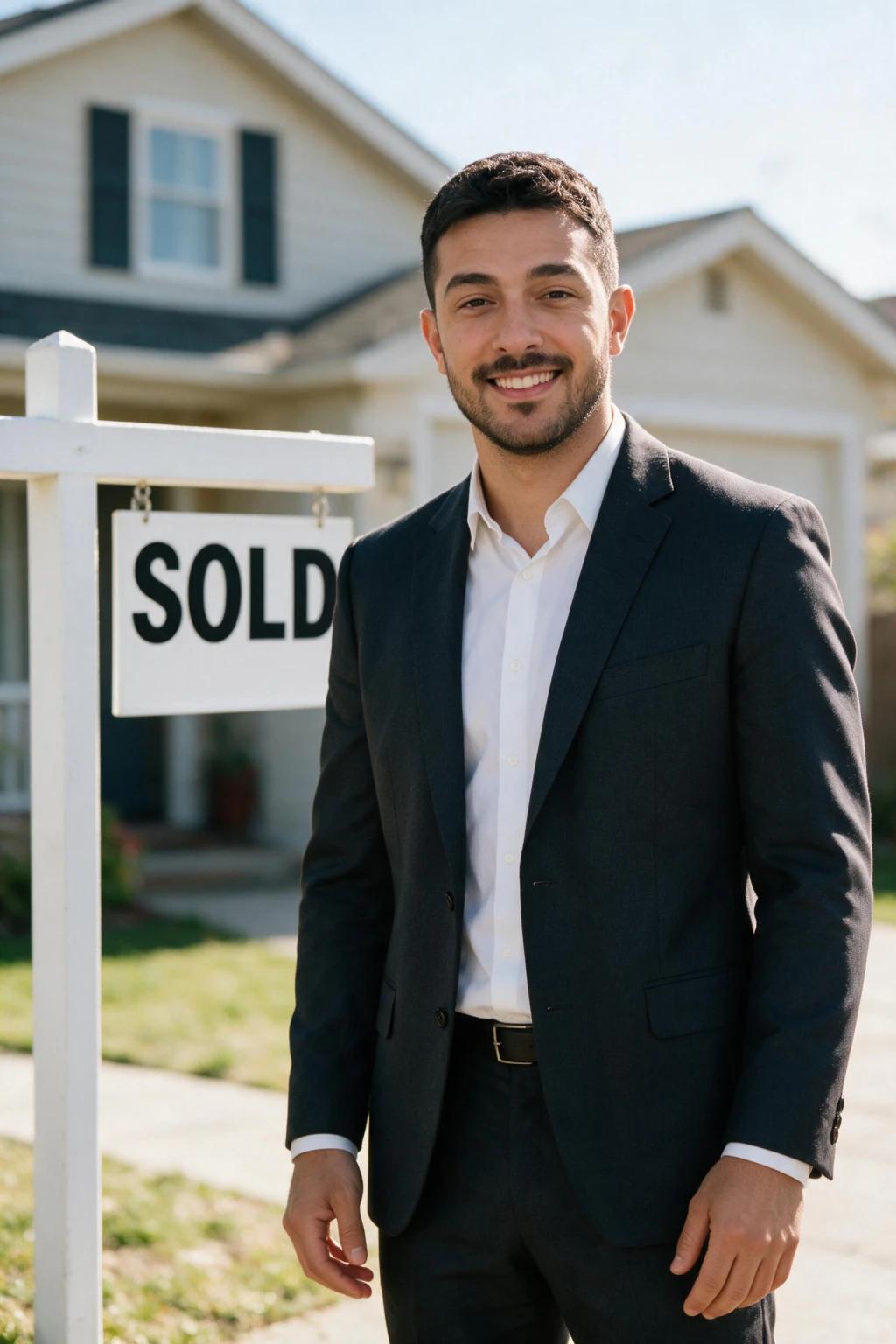 AI Real Estate Headshot Generator: sold sign yard example, generated from one selfie | MakeAiPhotos