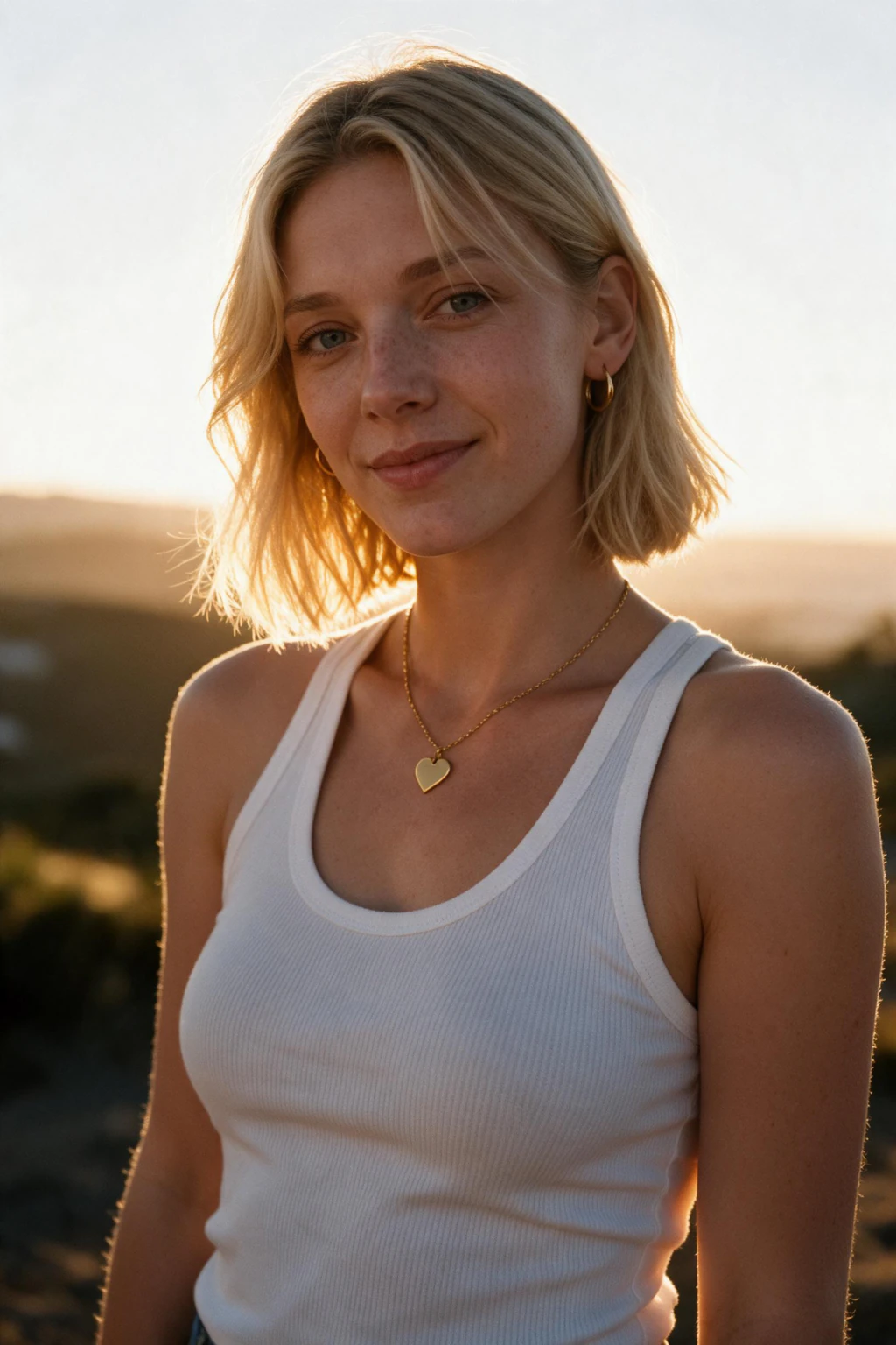 A woman in a golden hour travel portrait with low warm sun behind her shoulder, generated from one selfie
