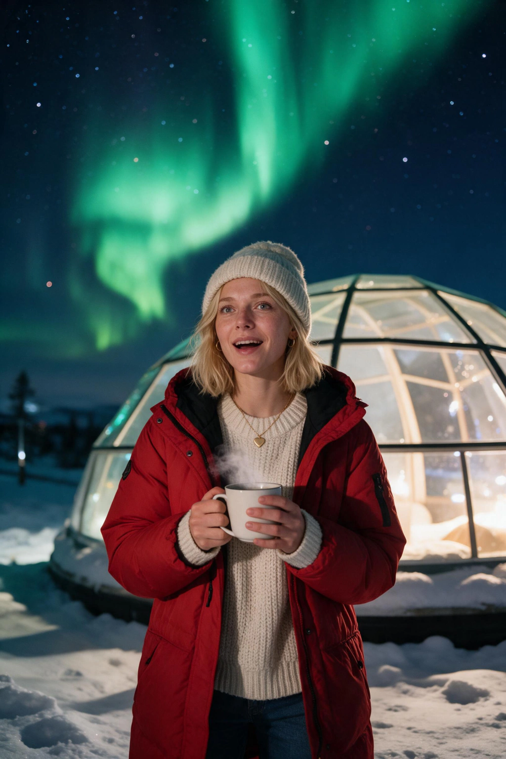 AI Travel Photos of Yourself, No Plane Ticket Needed: northern lights example, generated from one selfie | MakeAiPhotos