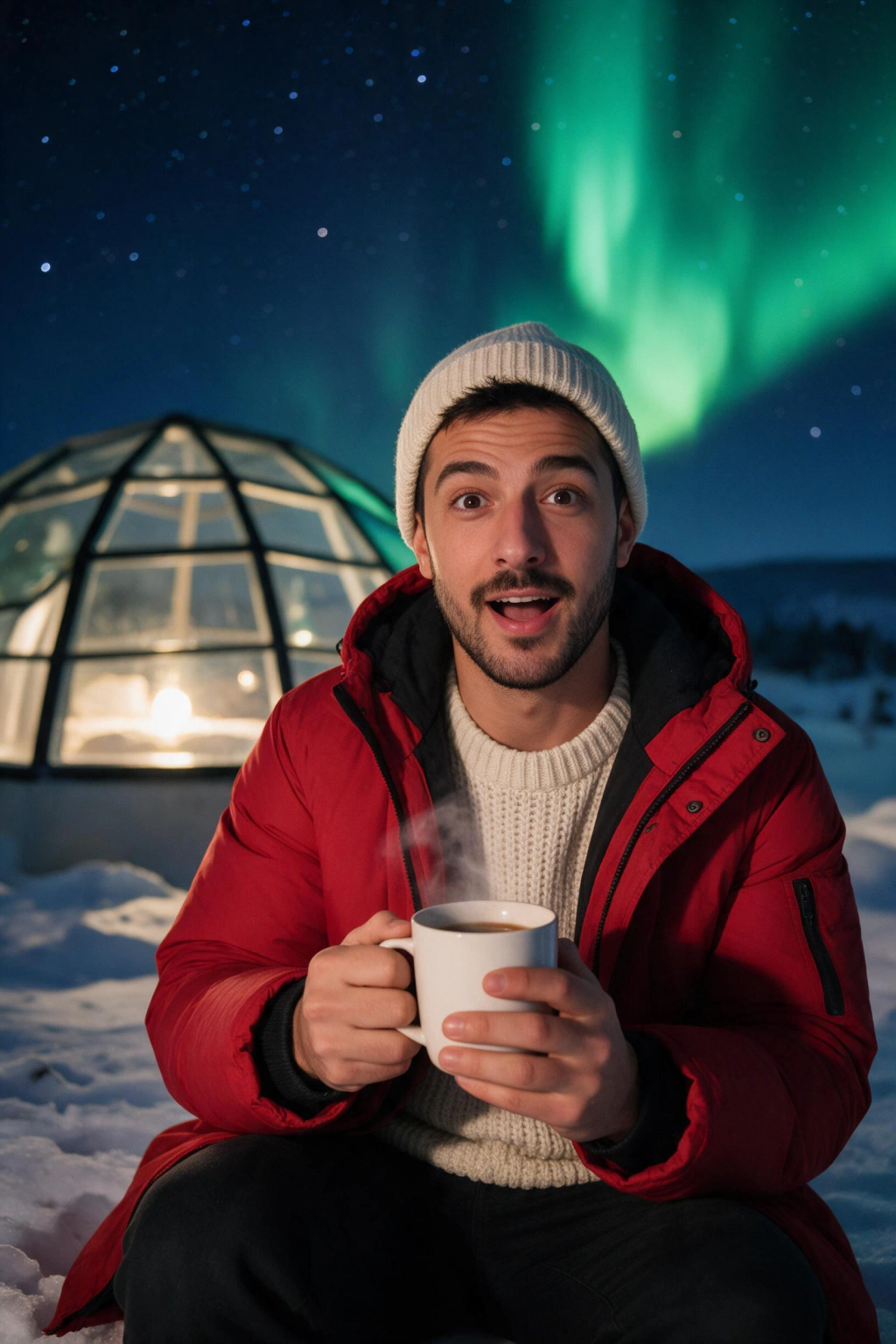 AI Travel Photos of Yourself, No Plane Ticket Needed: northern lights example, generated from one selfie | MakeAiPhotos