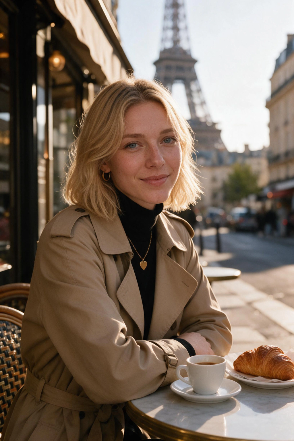 AI travel photo generated from one selfie: Paris cafe table with the Eiffel Tower behind