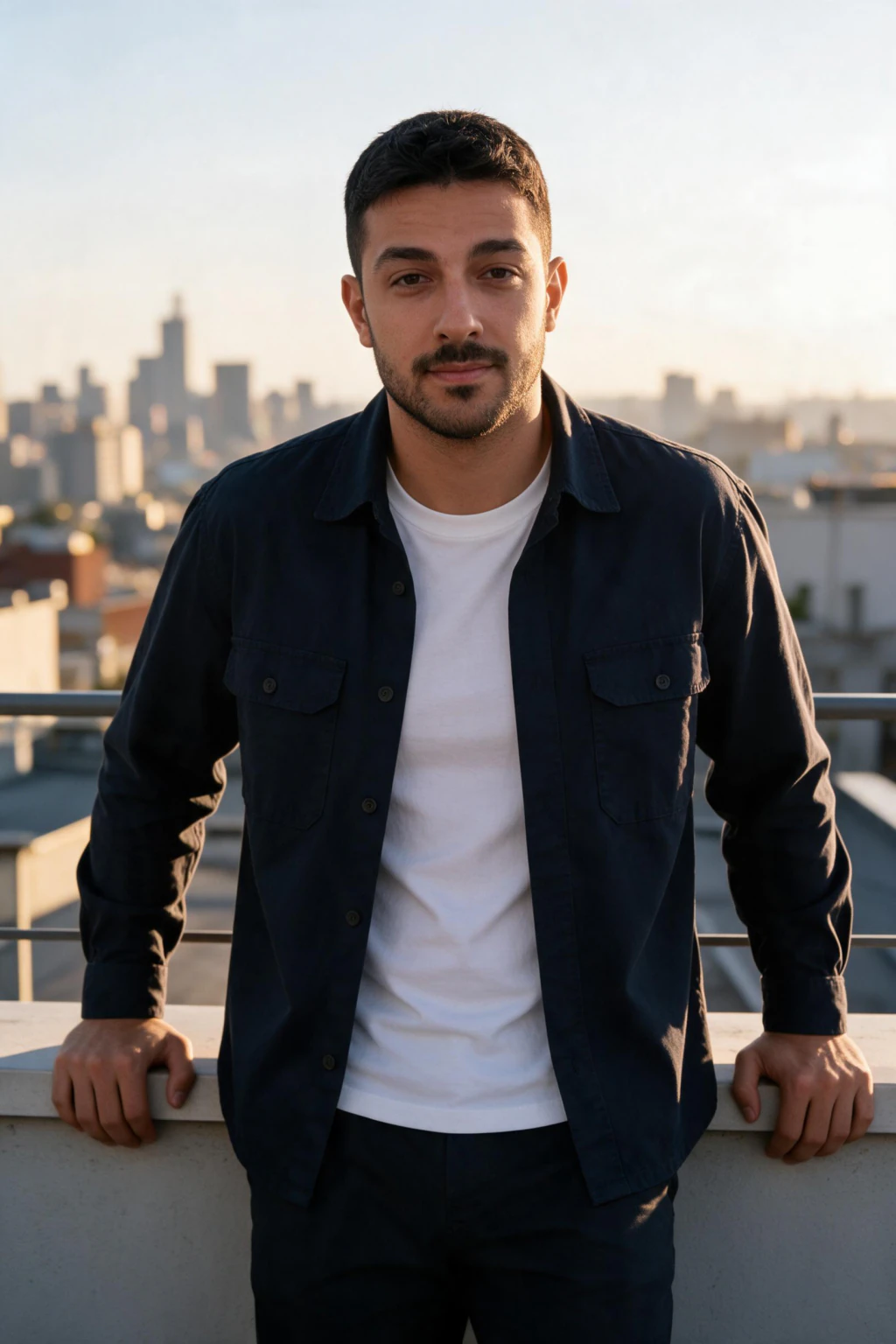 AI photo generated from one selfie: rooftop terrace above a city at golden hour, plain navy overshirt, hands on the railing
