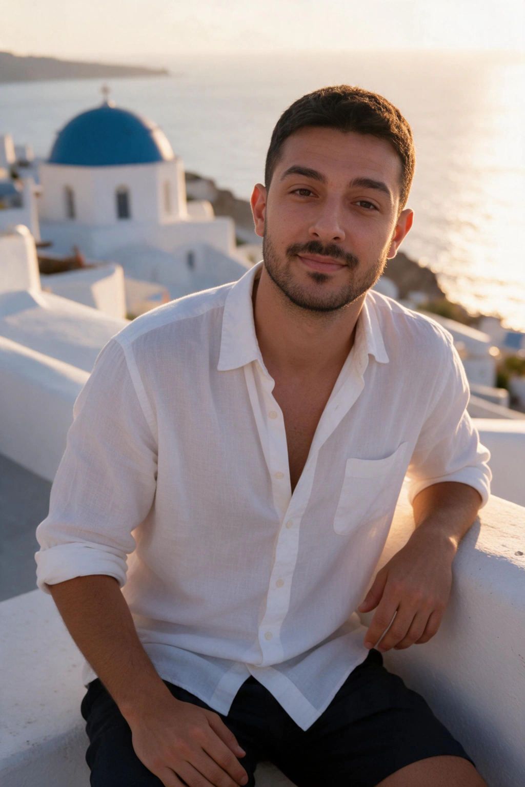 AI Travel Photos of Yourself, No Plane Ticket Needed: santorini example, generated from one selfie | MakeAiPhotos