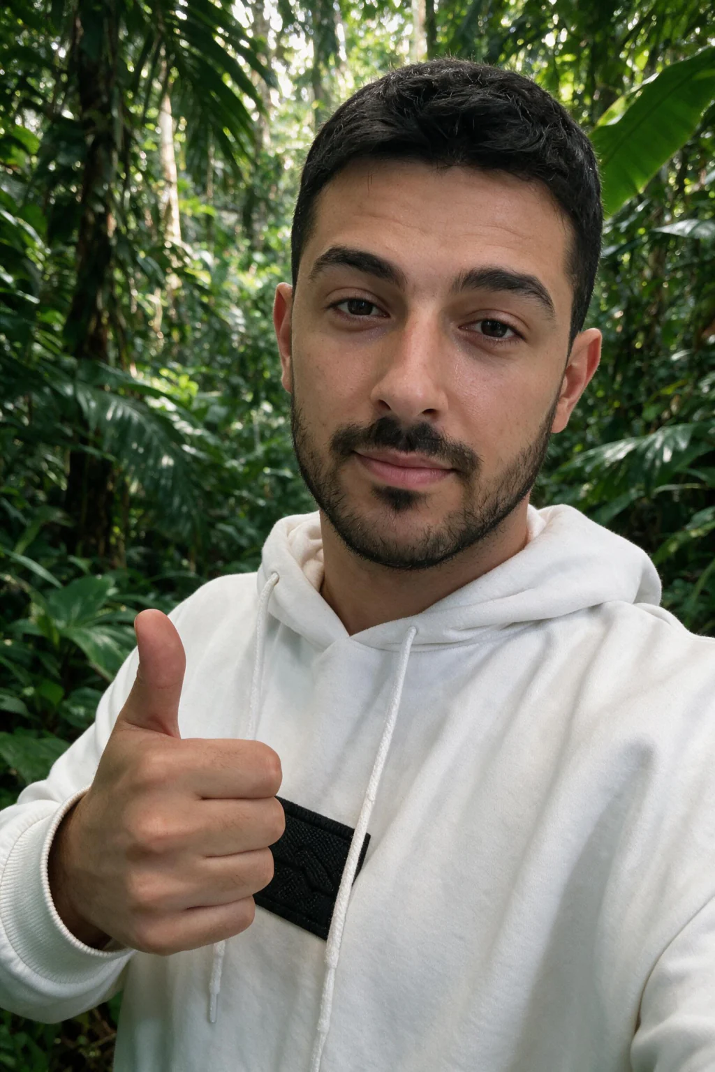 Jungle setting, shaded light: AI photo generated from the selfie on the left