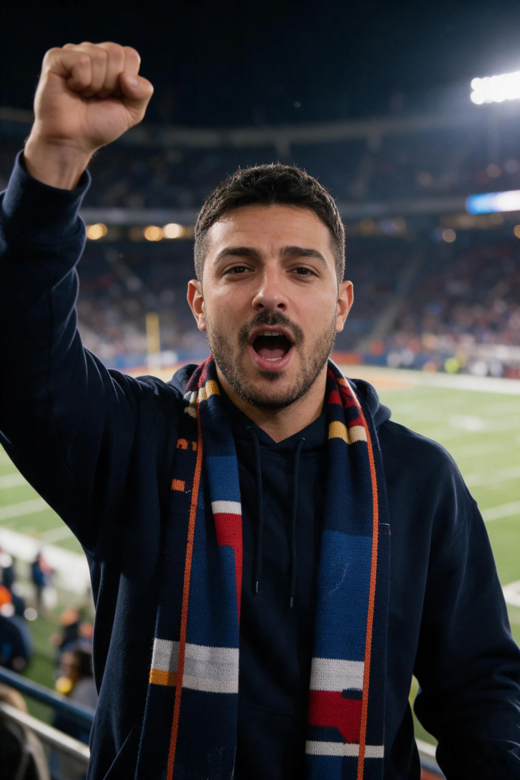 Football stadium stands, night: AI photo generated from the selfie on the left
