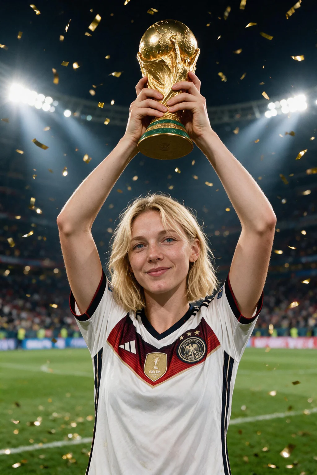 AI World Cup Photos: Put Yourself in the Game: lift trophy example, generated from one selfie | MakeAiPhotos