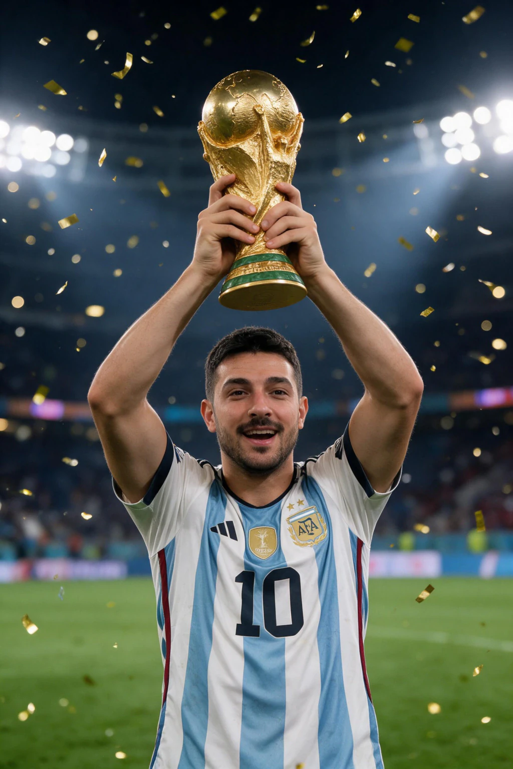 AI World Cup Photos: Put Yourself in the Game: lift trophy example, generated from one selfie | MakeAiPhotos