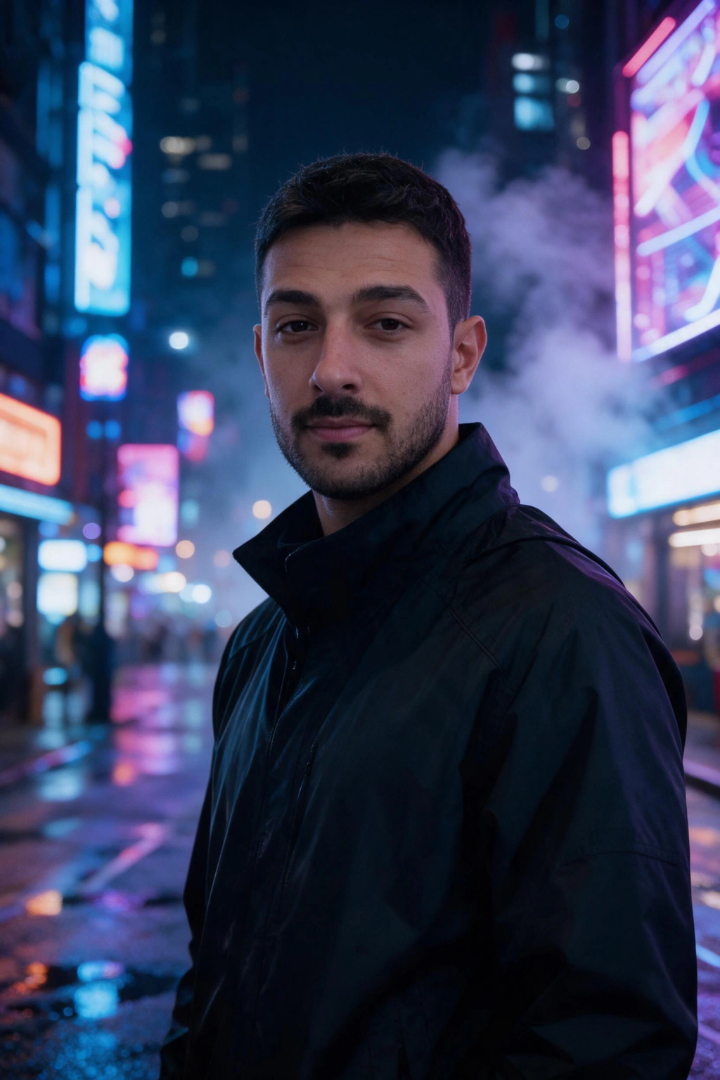 Neon cyberpunk: AI photo generated from the selfie on the left