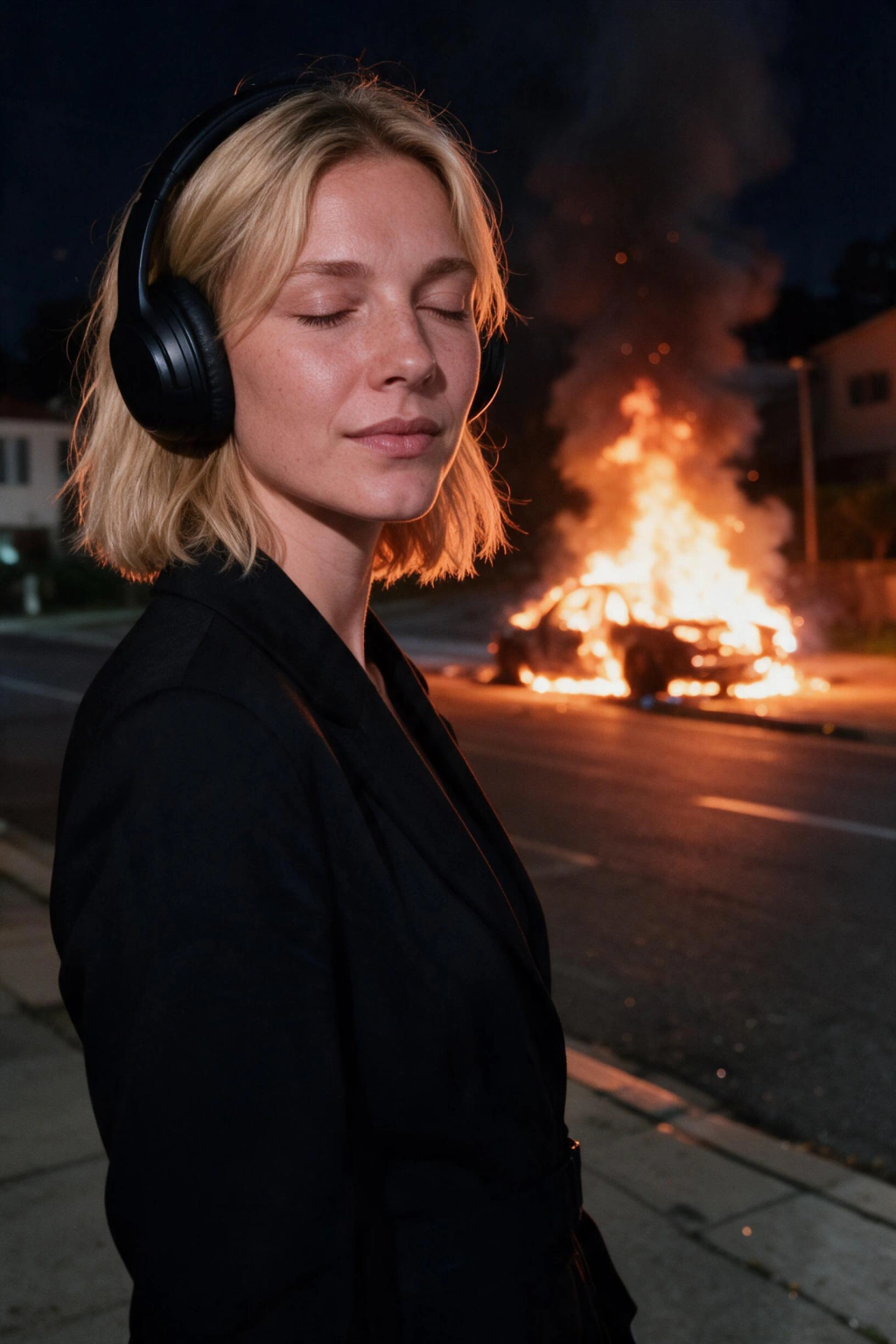 AI Cinematic Portrait Generator: Make a Movie Poster of Yourself: explosion night example, generated from one selfie | MakeAiPhotos