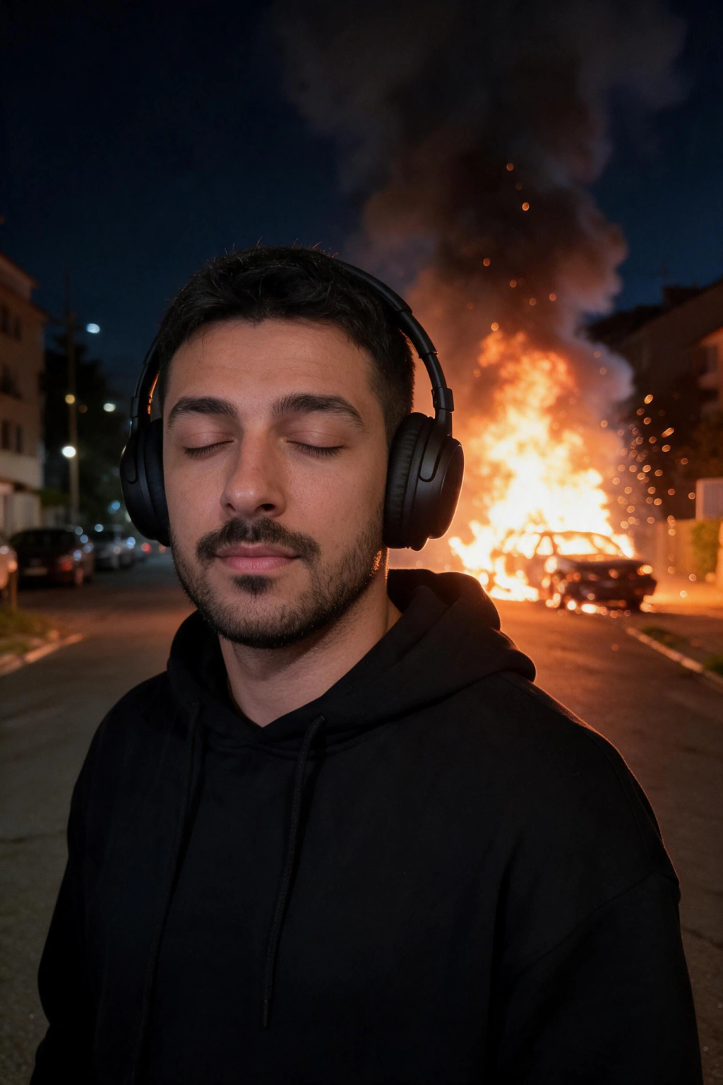 AI Cinematic Portrait Generator: Make a Movie Poster of Yourself: explosion night example, generated from one selfie | MakeAiPhotos
