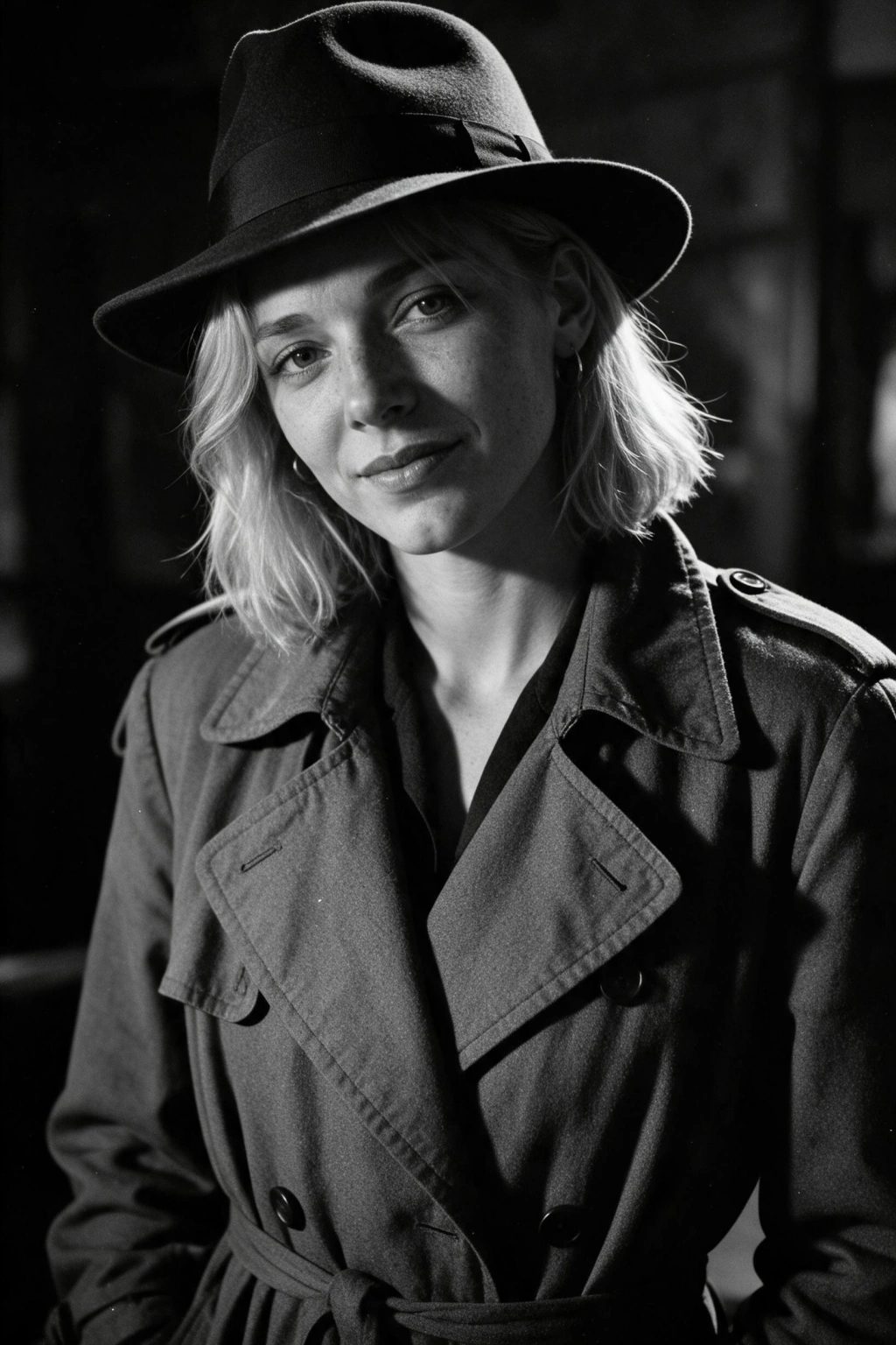 Film noir poster look: black and white portrait in a trench coat and hat under one hard street light