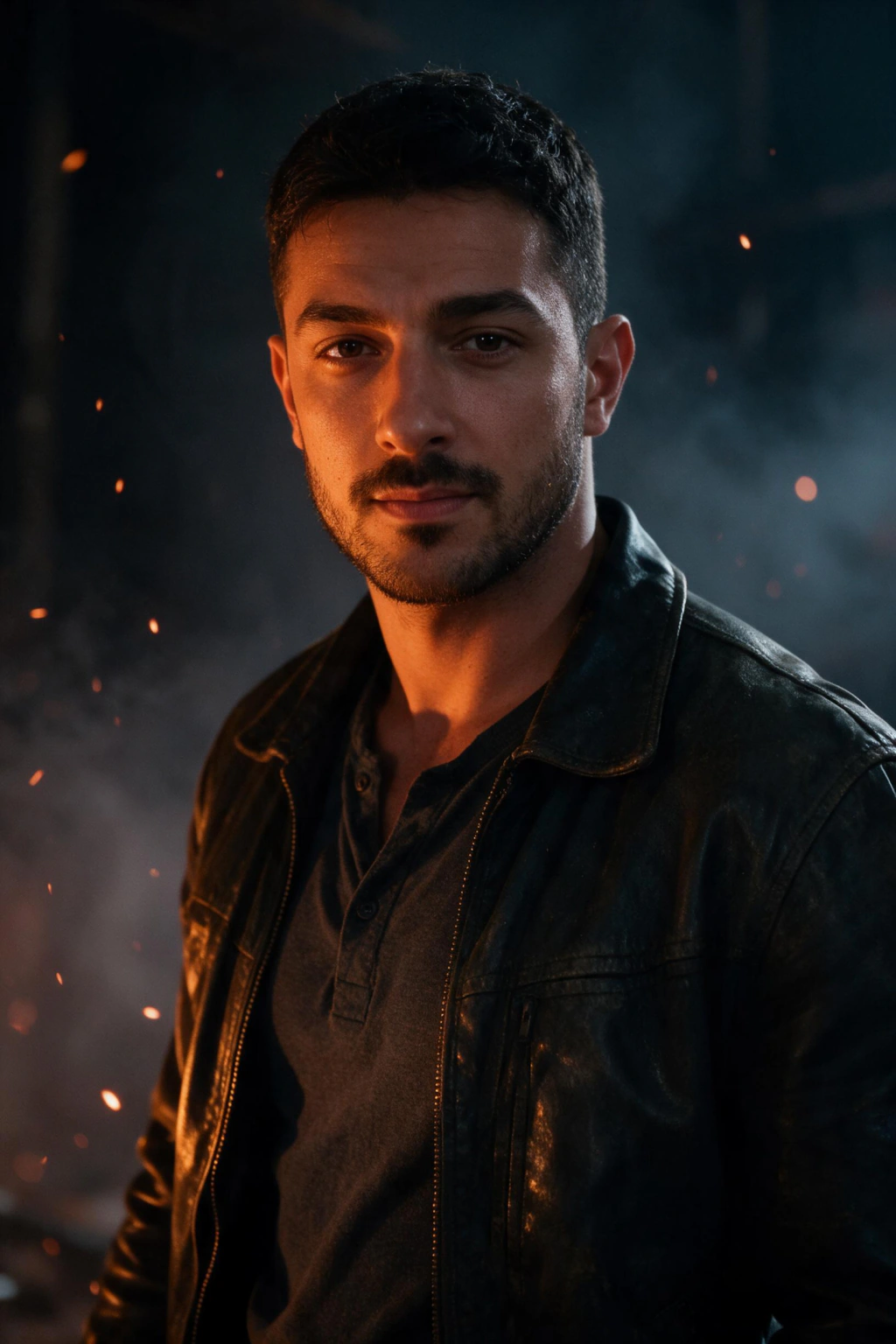 Action poster look: intense expression lit by warm ember sparks drifting through dark air