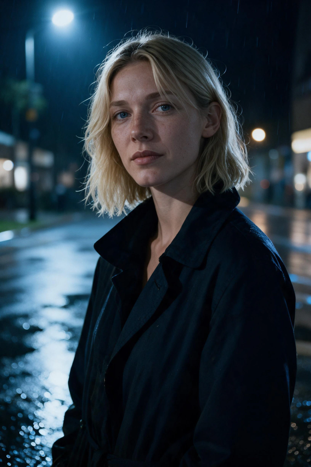 Crime drama poster look: dark coat with the collar up on a rain-soaked street at night, blue-toned light