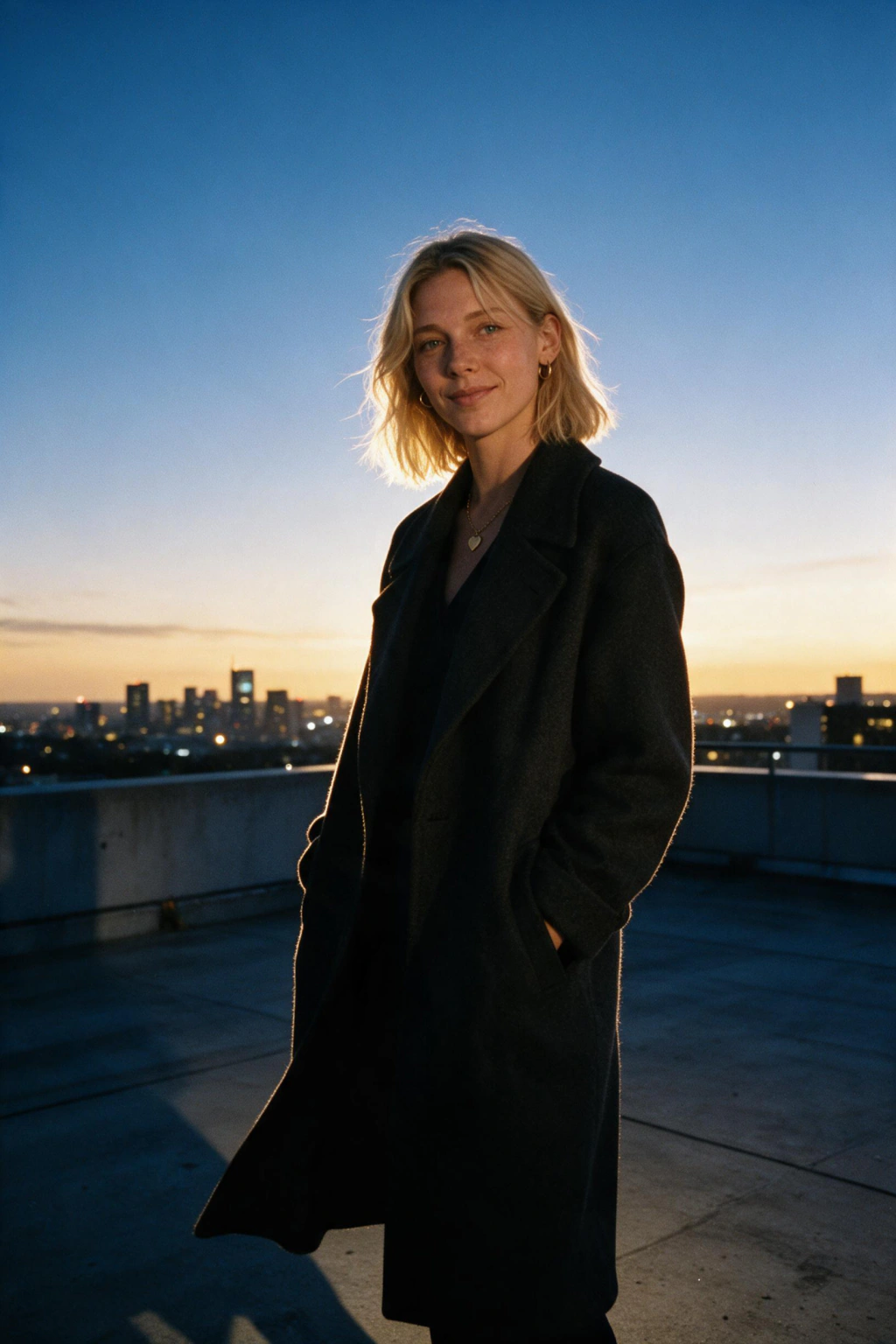 Rooftop dusk poster look: standing on a rooftop at dusk with the city skyline low and open sky above