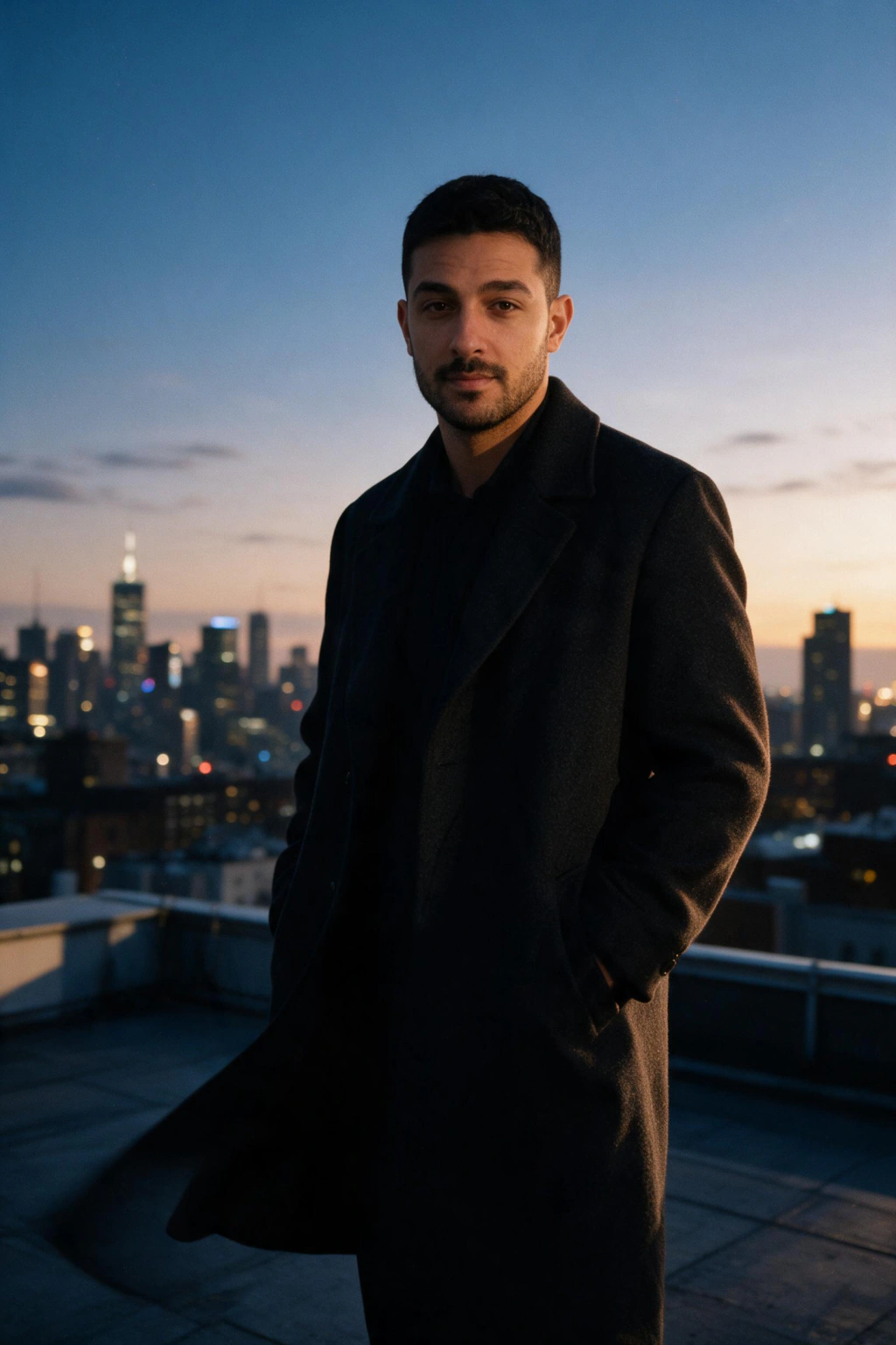 Rooftop dusk: AI photo generated from the selfie on the left