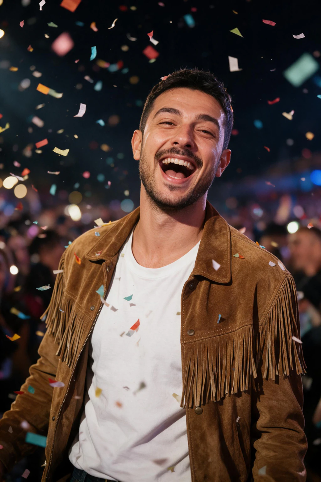 AI Coachella Photo Generator: Six Festival Looks From One Selfie: confetti drop example, generated from one selfie | MakeAiPhotos