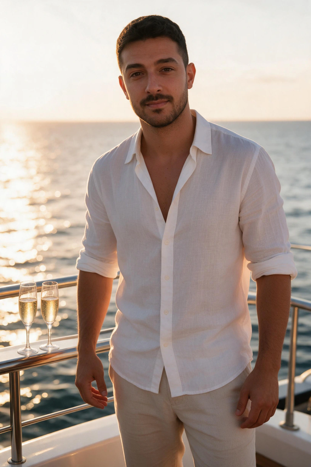 Yacht party sunset: AI photo generated from the selfie on the left